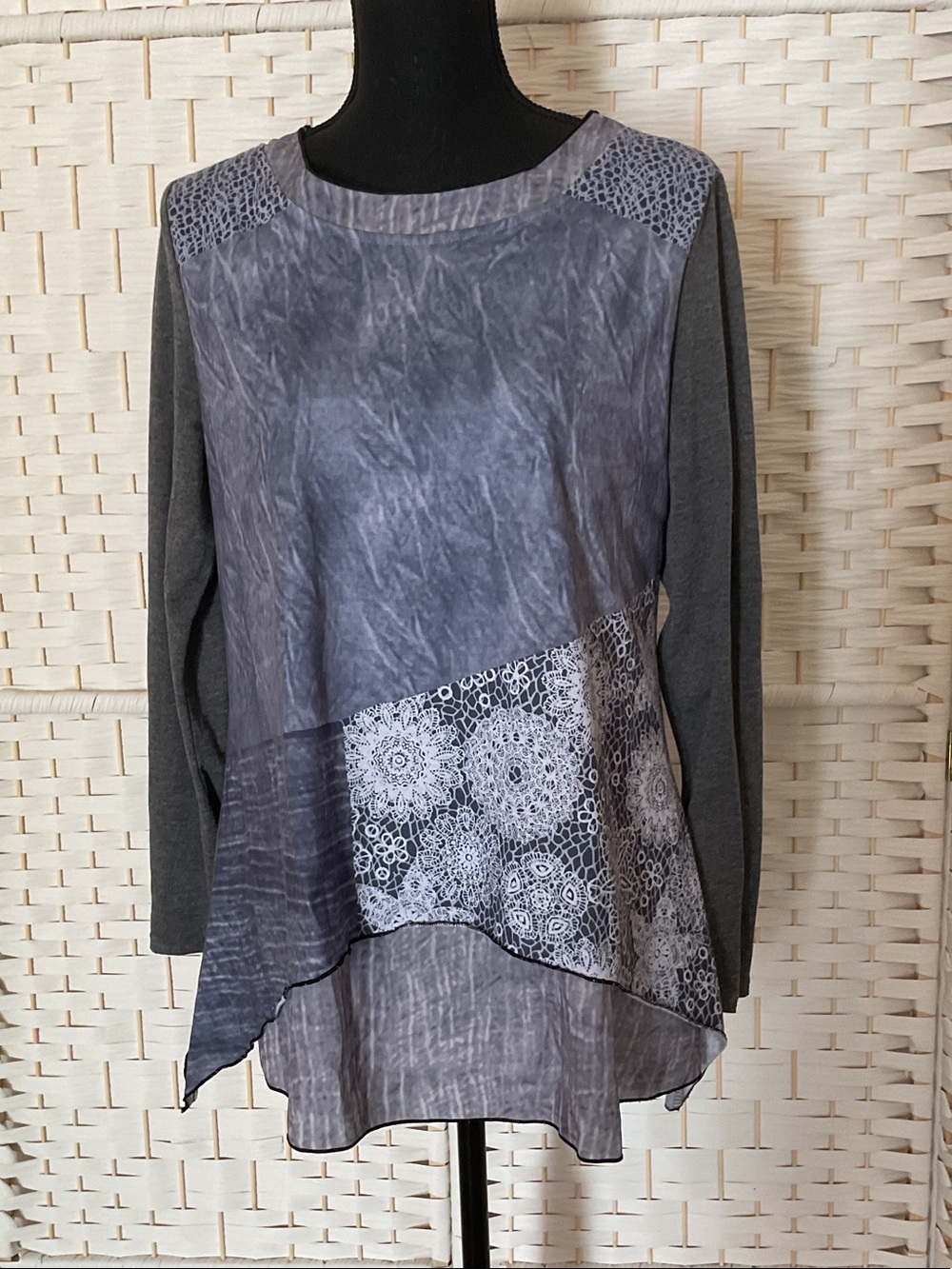 Gray Mixed-Panel Asymmetrical Tunic Top